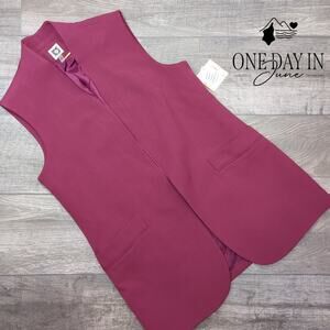 Anne Klein Sleeveless Longline Open Front Blazer Vest Burgundy NWT Size 12